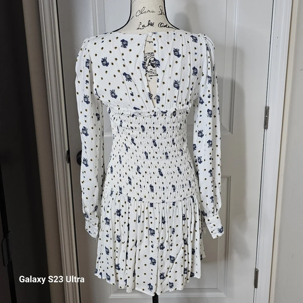 Free people Tea Combo Blue Flower Dress Long‎ Sleeves Women Size Medium - Picture 4 of 11